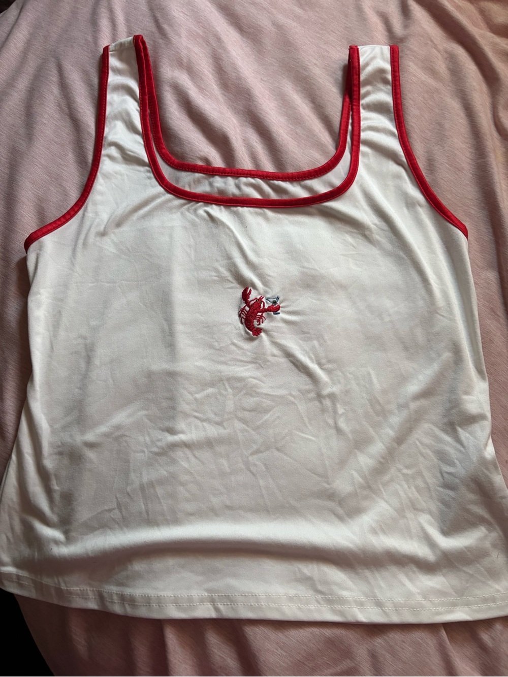 White Tank Top with Red Trim and Crab Embroidery